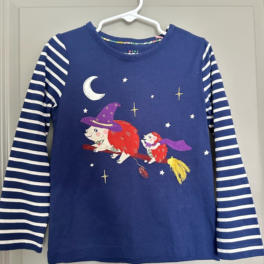 Mini Boden 7-8Y Blue Striped Kids Shirt with Witch Hedgehog Design